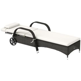 Outsunny Outdoor Chaise Lounge, 5-Level Adjustable Backrest Rattan Pool Lounge Chair with Wheels, Cushion & Headrest, Cream