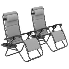 Outsunny Zero Gravity Lounge Chair Set, 2 Pieces Reclining Folding Outdoor Lounge Chairs with Headrest Side Tray, Light Gray
