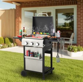3-Burner Propane Gas BBQ Grill, SS Plancha, 36900BTU Output With Wire Enamel Cooking Grids For Outdoor Barbecue, Foldable Side Table, Hanging Bas