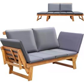 Patio Convertible Couch Sofa Bed with Adjustable Armrest,Daybed , Folding Chaise Lounge Bench for Porch Courtyard Poolside, Gray