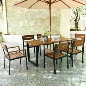 7 Pieces Patented Wood Patio Dining Set with Umbrella Hole, 6 Heavy Duty Acacia Armrest Chairs and Rectangle Table Set