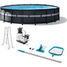 18' X 52" Above Ground Swimming Pool with Sand Filter Pump, Ladder, Cover, & Maintenance Accessory Kit with Vacuum and Skimmer