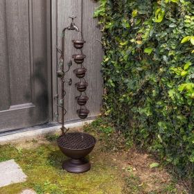 MAZ254 Outdoor Floor Tiered Vintage Water Fountain w/ 6 Hanging Cups, Soothing Tier Waterfall, 38", Bronze