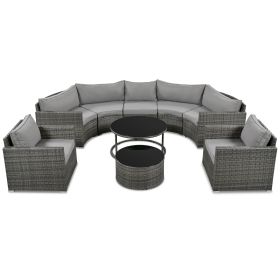 GO 9-Pieces Outdoor Half-moon Patio Sofa Set, Round Sofa Set, Modern Style Sofa, Gray Wicker