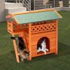 2-Story Wooden Feral Cat House Outdoor Indoor Kitty Houses with Door & Stairs & Weatherproof Roof, Orange & Green