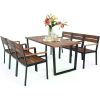 7 Pieces Patented Wood Patio Dining Set with Umbrella Hole, 6 Heavy Duty Acacia Armrest Chairs and Rectangle Table Set