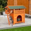 2-Story Wooden Feral Cat House Outdoor Indoor Kitty Houses with Door & Stairs & Weatherproof Roof, Orange & Green