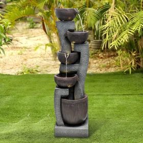 Fountain with LED Lights, Floor-Standing Waterfall, Natural Polyresin Looking Stone Fountain (Color: Rustic Bowls)
