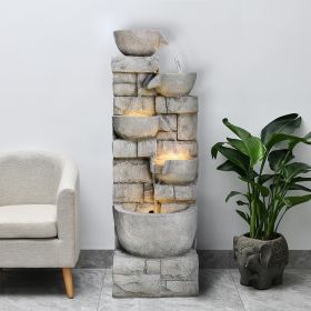 Fountain with LED Lights, Floor-Standing Waterfall, Natural Polyresin Looking Stone Fountain (Color: Stacked Stone)