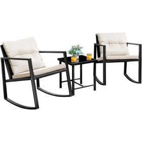 Patio Chairs 3 Piece, Wicker Rocking Chair Outdoor Bistro Sets with Coffee Table and Cushions, Metal Frame Outdoor Chair (Color: Beige)