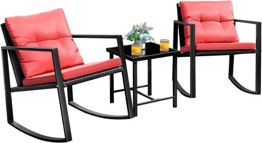 Patio Chairs 3 Piece, Wicker Rocking Chair Outdoor Bistro Sets with Coffee Table and Cushions, Metal Frame Outdoor Chair (Color: Red)