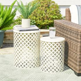 Outdoor Side Table Set of 2, Decorative Garden Stool for Indoor Outdoor Heavy Duty Metal Frame Accent Table Modern (Color: Glossy White)