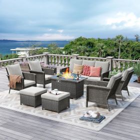 Outdoor Set with 44" Gas Fire Pit Table - PE Wicker Sets Cushioned Seat Couch - Seats Outdoor Chair Set with Wind Guard (Color: 8PCS)