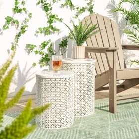 Outdoor Side Table Set of 2, Decorative Garden Stool for Indoor Outdoor Heavy Duty Metal Frame Accent Table Modern (Color: Cream White)