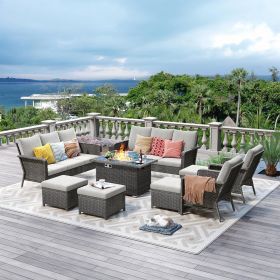 Outdoor Set with 44" Gas Fire Pit Table - PE Wicker Sets Cushioned Seat Couch - Seats Outdoor Chair Set with Wind Guard (Color: 9PCS)