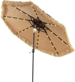 10 ft Thatched Patio Umbrella, 2 Tier Hawaiian Style Grass Beach Umbrella with 32 Led Lights, Center Light, Solar Tiki Umbrella (Color: 9ft Deck)