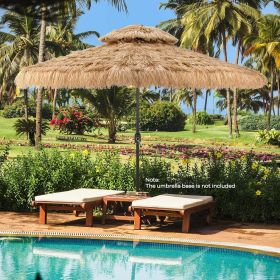 10 ft Thatched Patio Umbrella, 2 Tier Hawaiian Style Grass Beach Umbrella with 32 Led Lights, Center Light, Solar Tiki Umbrella (Color: 10ft Deck)