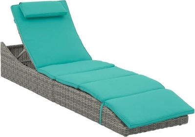 Folding Outdoor Adjustable Chaise Lounge Chair with Removable Cushion, Fully Assembled, Patio PE Rattan Reclining Lounger (Color: Turquoise)