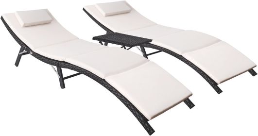 3 Pieces Patio Chaise Lounge with Cushions Unadjustable Modern Outdoor Furniture Set PE Wicker Rattan Backrest Lounger (Color: Black)
