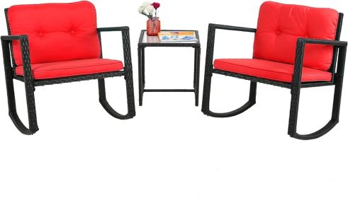 3 Piece Wicker Bistro Set Patio Furniture Sets Rocking Chair Outdoor Patio Set Rattan Chair Conversation Set with Porch Chairs (Color: Red)