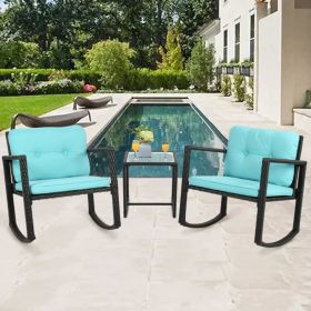 3 Piece Wicker Bistro Set Patio Furniture Sets Rocking Chair Outdoor Patio Set Rattan Chair Conversation Set with Porch Chairs (Color: Blue)