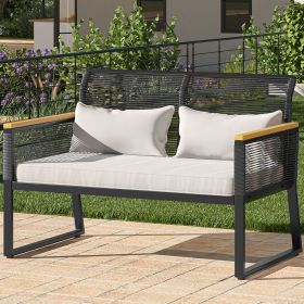 Patio Wicker Rocking Chair Outdoor Conversation Bistro Set with Wood Armrest and Soft Cushions for Balcony, Lawn and Poolside (Color: Modern)