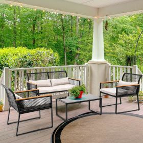 Patio Wicker Rocking Chair Outdoor Conversation Bistro Set with Wood Armrest and Soft Cushions for Balcony, Lawn and Poolside (Color: 4 Piece)