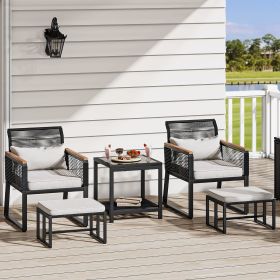 Patio Wicker Rocking Chair Outdoor Conversation Bistro Set with Wood Armrest and Soft Cushions for Balcony, Lawn and Poolside (Color: 5 Piece)