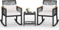 Patio Wicker Rocking Chair Outdoor Conversation Bistro Set with Wood Armrest and Soft Cushions for Balcony, Lawn and Poolside