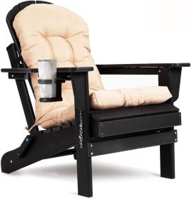 Folding Chairs Set of 2, Cushion with Cup Holder, HDPE Plastic Chair Weather Resistant, Outdoor Chair (Color: Black)