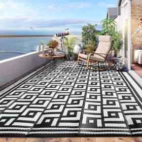 Outdoor Rugs 9x12 for Patios Clearance, Waterproof Plastic Straw Rug, Large Reversible, UV Protection (Color: L Style Black Grey)