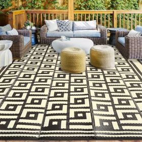 Outdoor Rugs 9x12 for Patios Clearance, Waterproof Plastic Straw Rug, Large Reversible, UV Protection (Color: L Style Black Beige)