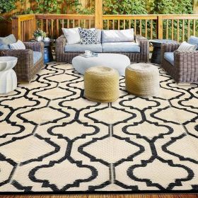 Outdoor Rugs 9x12 for Patios Clearance, Waterproof Plastic Straw Rug, Large Reversible, UV Protection (Color: Geometry Style Black)