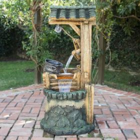 TZL128 Outdoor Floor Tiered Rustic Soothing Water Well Garden Waterfall Fountain for Garden, 50", Brown (Color: 50  H - Well w  LED)