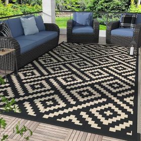 Outdoor Rug, Waterproof Mat, Reversible Plastic, Outdoor Rug (Color: Black beige)