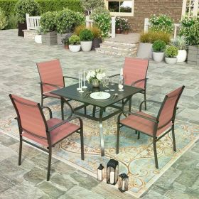 Outdoor Table and Chairs Set,4 X Grey Textilene Dining Chair, 37" Square Metal Dining Table, Outdoor Table and Chairs Set (Color: Red Chairs)