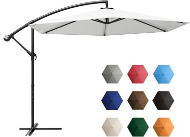 Outdoor Parasol Offset Umbrella 10FT Cantilever Patio Hanging Umbrella Outdoor Market Umbrella With Crank Garden Parasol (Color: White)