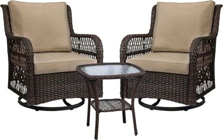 3 Pieces Outdoor Wicker Swivel Rocker Patio Set, 360 Degree Swivel Rocking Chairs Elegant Wicker Patio Bistro Set with Cushions (Color: Beige)