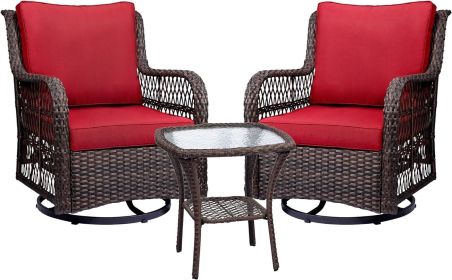 3 Pieces Outdoor Wicker Swivel Rocker Patio Set, 360 Degree Swivel Rocking Chairs Elegant Wicker Patio Bistro Set with Cushions (Color: Rust)