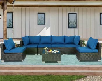 Outdoor Rattan Wicker Conversation Sofa Garden Sectional Sets Coffee Table for Porch Poolside Navy, Garden Sofas (Color: Set of 7Peacock Blue)