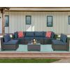 Outdoor Rattan Wicker Conversation Sofa Garden Sectional Sets Coffee Table for Porch Poolside Navy, Garden Sofas