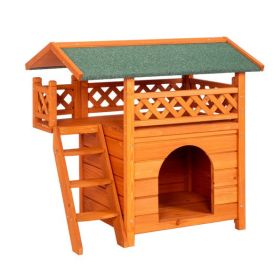 2-Story Wooden Feral Cat House Outdoor Indoor Kitty Houses with Door & Stairs & Weatherproof Roof, Orange & Green
